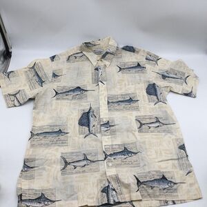 1990s AFTCO Bluewater Hawaiian Fishing Shirt Marlin Pattern Size XL MADE USA